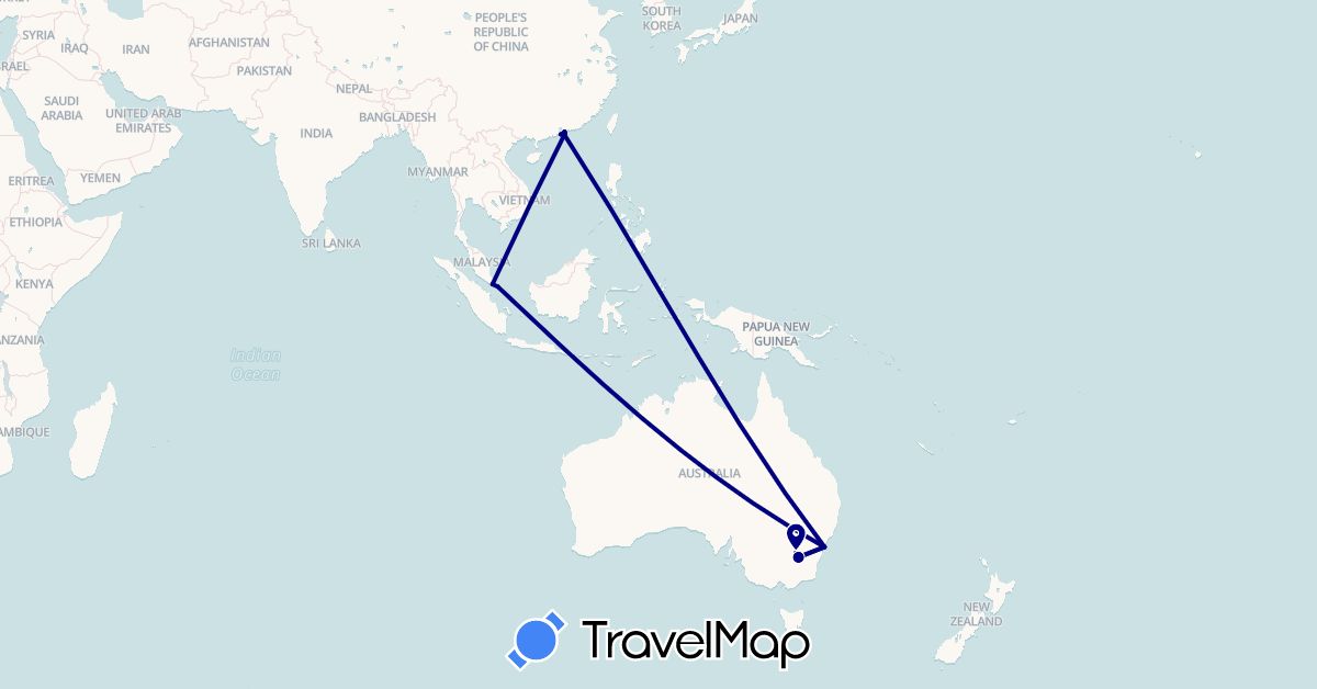 TravelMap itinerary: driving in Australia, China, Indonesia, Singapore (Asia, Oceania)